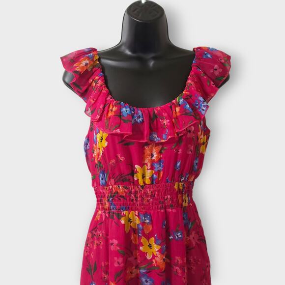 Old Navy Womens Pink Floral Chiffon Ruffle Maxi Dress Tiered Cottage Summer XS - Picture 2 of 14